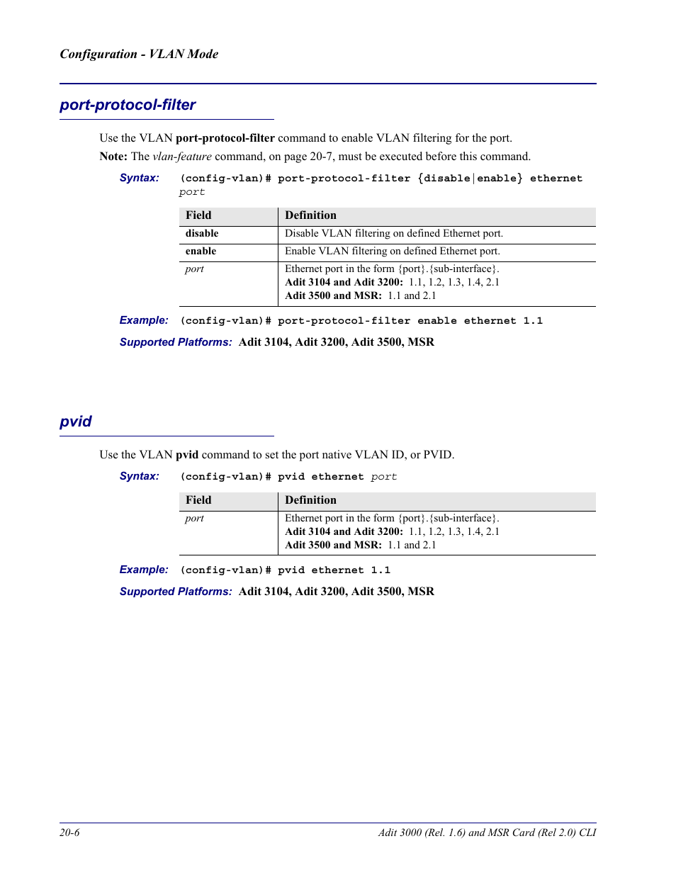 Port-protocol-filter, Pvid, Port-protocol-filter -6 pvid -6 | Carrier Access Adit 3000 Series and Multi-Service Router (MSR) Card none User Manual | Page 422 / 496
