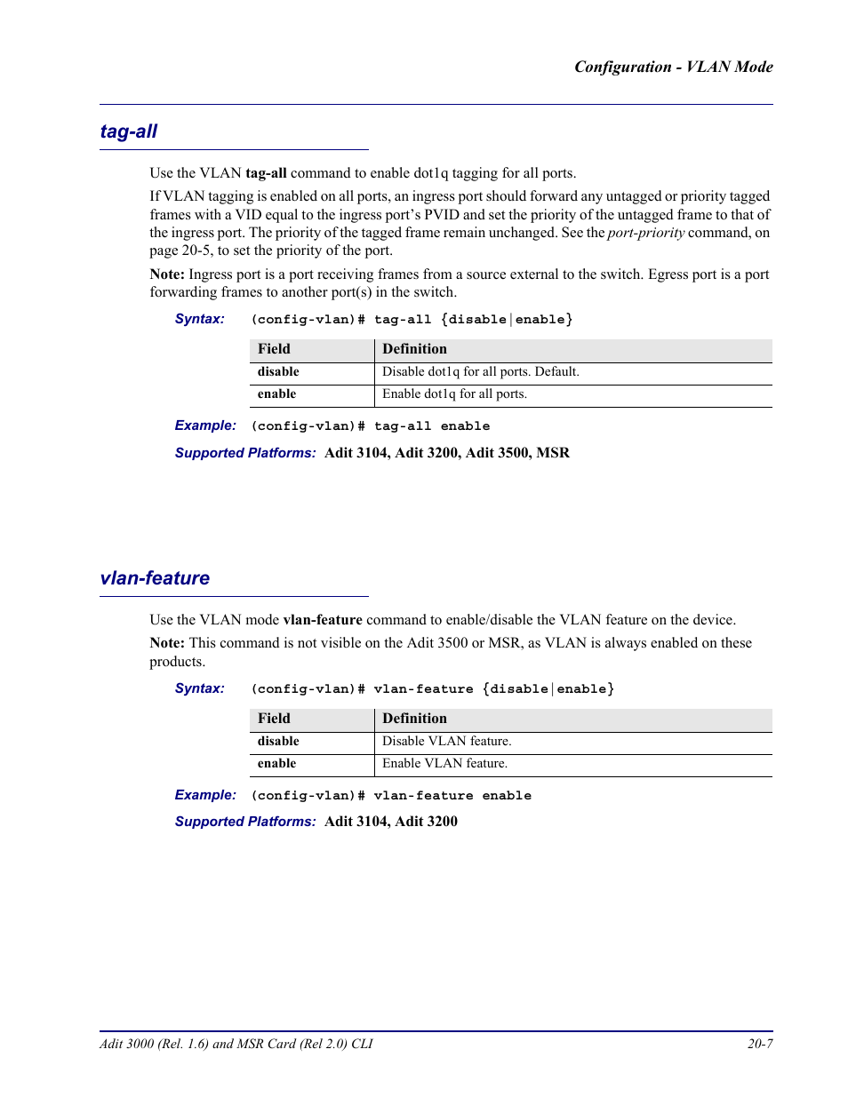 Tag-all, Vlan-feature, Tag-all -7 vlan-feature -7 | Carrier Access Adit 3000 Series and Multi-Service Router (MSR) Card none User Manual | Page 423 / 496