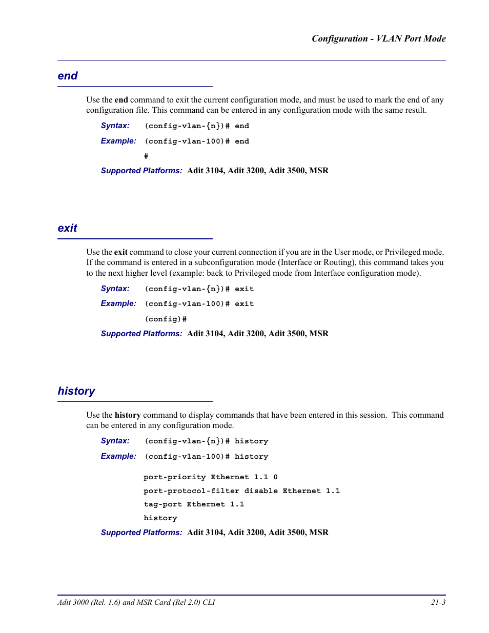 Exit, History, End -3 exit -3 history -3 | Carrier Access Adit 3000 Series and Multi-Service Router (MSR) Card none User Manual | Page 427 / 496