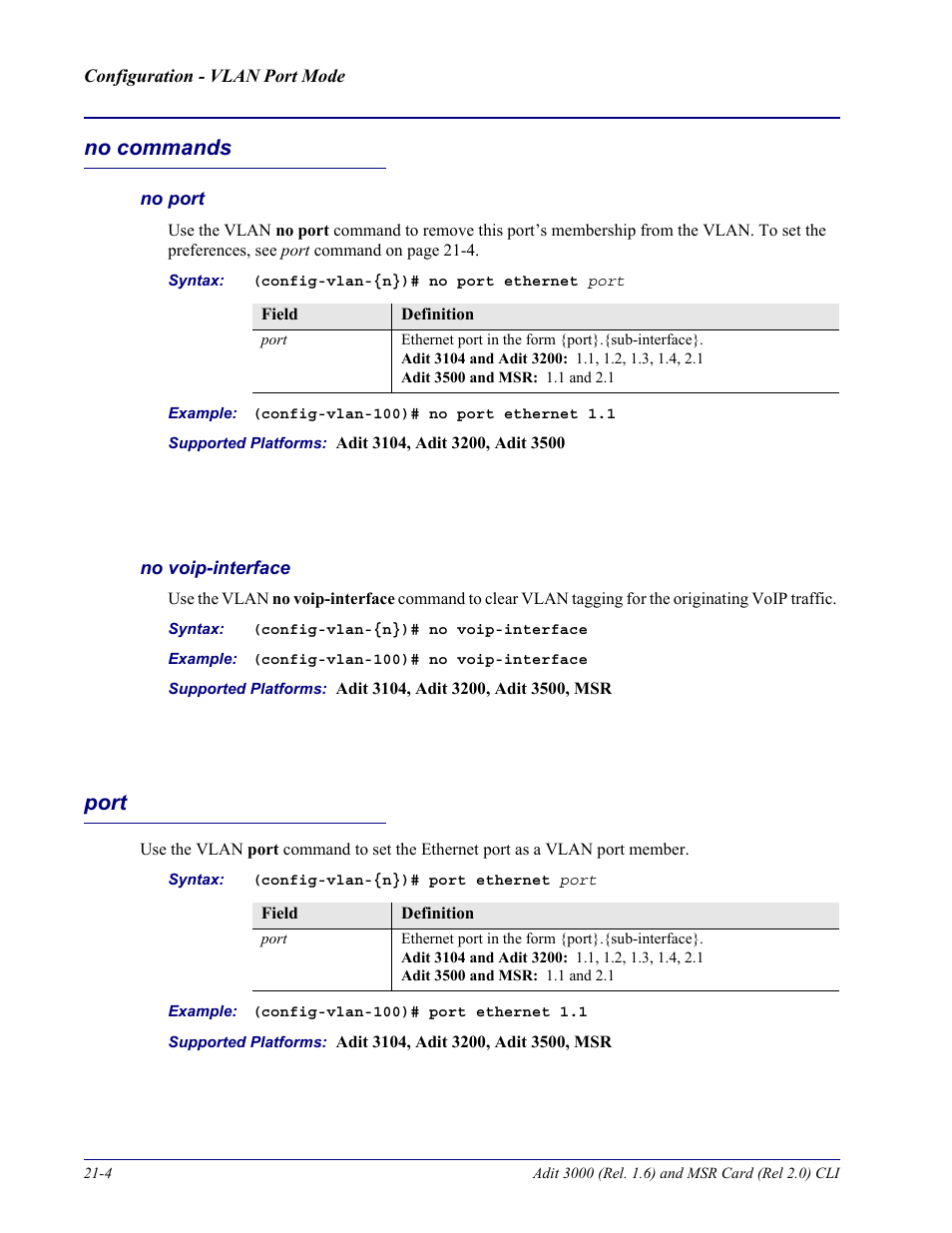 No commands, No port, No voip-interface | Port, No commands -4 port -4 | Carrier Access Adit 3000 Series and Multi-Service Router (MSR) Card none User Manual | Page 428 / 496
