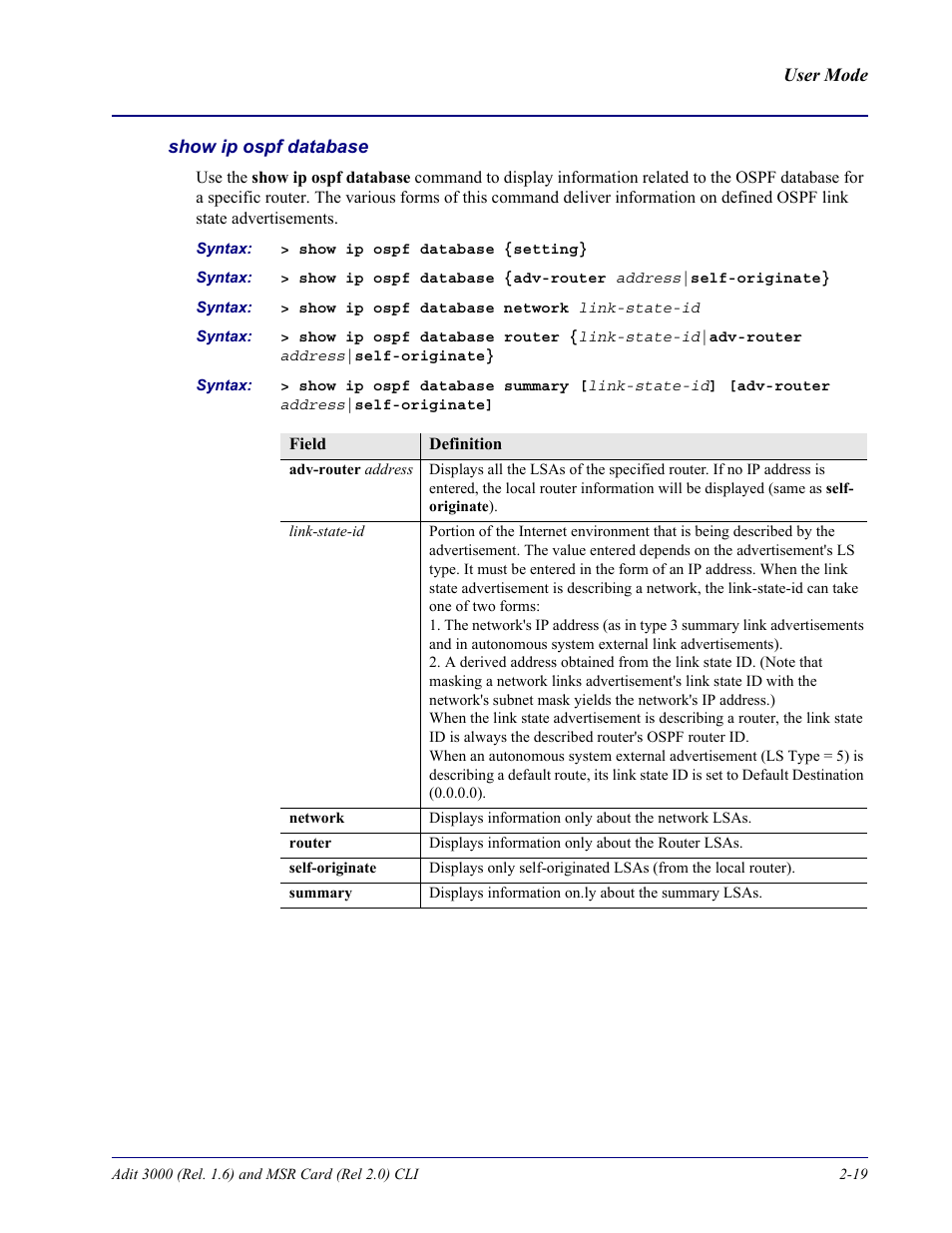 Show ip ospf database | Carrier Access Adit 3000 Series and Multi-Service Router (MSR) Card none User Manual | Page 43 / 496