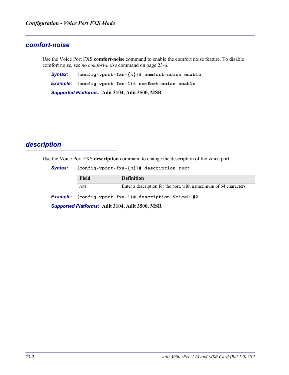 Comfort-noise, Description, Comfort-noise -2 description -2 | Carrier Access Adit 3000 Series and Multi-Service Router (MSR) Card none User Manual | Page 438 / 496