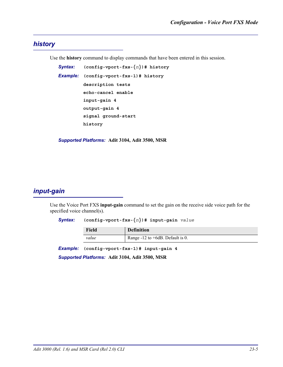 History, Input-gain, History -5 input-gain -5 | Carrier Access Adit 3000 Series and Multi-Service Router (MSR) Card none User Manual | Page 441 / 496