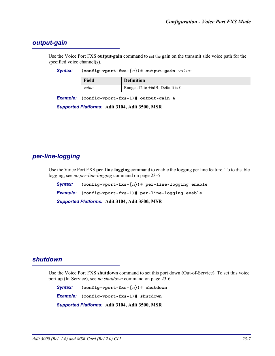 Output-gain, Per-line-logging, Shutdown | Output-gain -7 per-line-logging -7 shutdown -7 | Carrier Access Adit 3000 Series and Multi-Service Router (MSR) Card none User Manual | Page 443 / 496