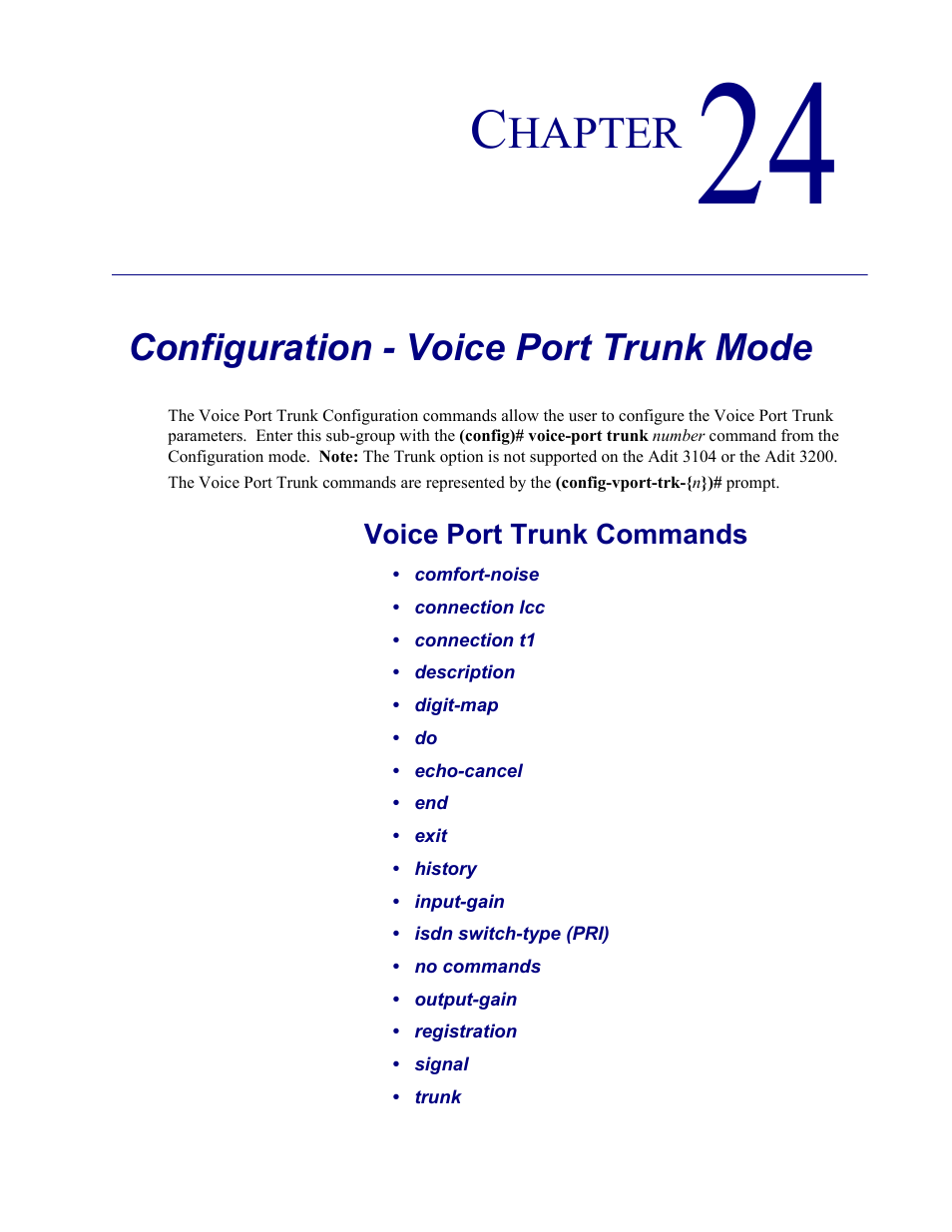 24–configuration - voice port trunk mode, Configuration - voice port trunk mode, K- chapter 24 | Hapter | Carrier Access Adit 3000 Series and Multi-Service Router (MSR) Card none User Manual | Page 445 / 496