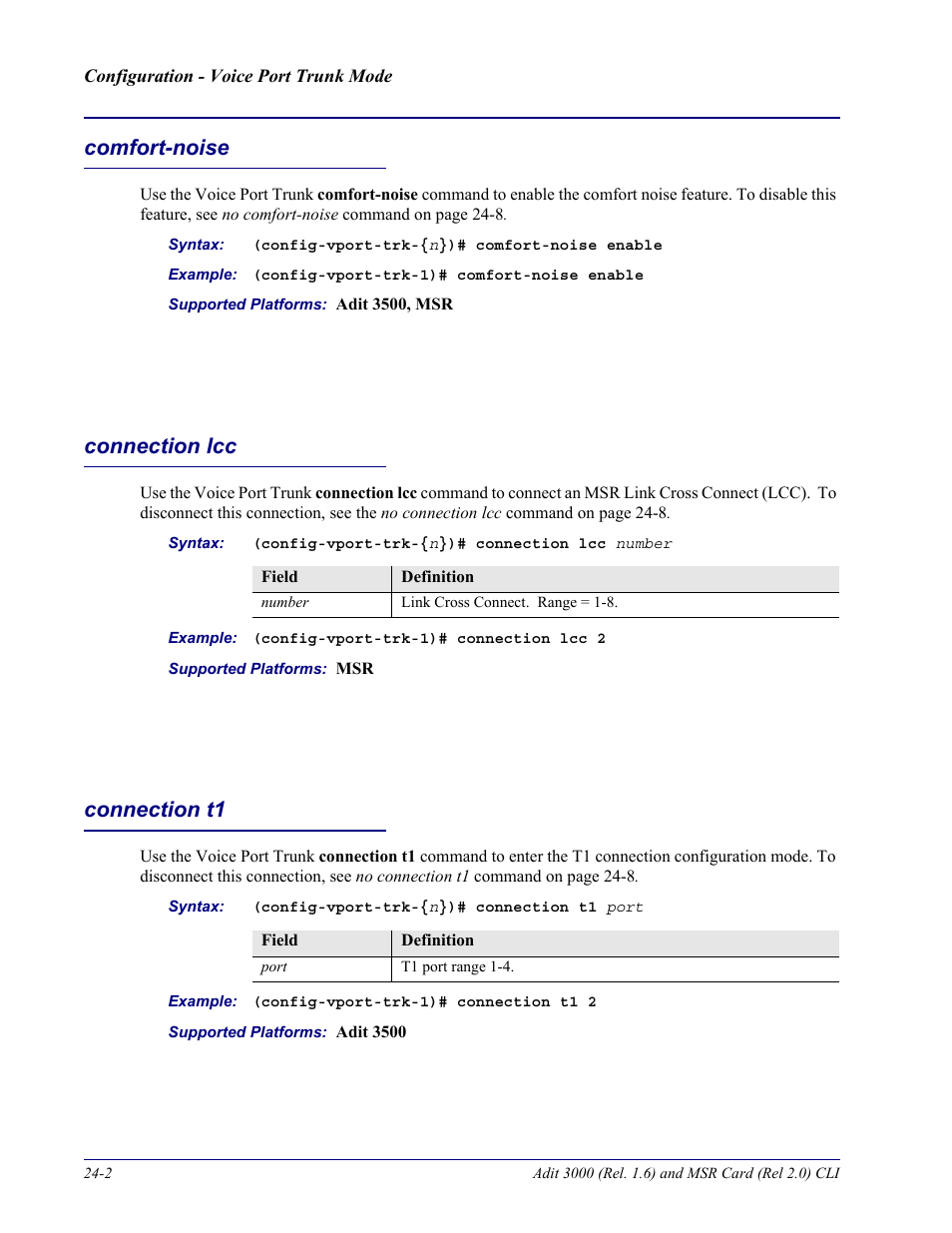 Comfort-noise, Connection lcc, Connection t1 | Carrier Access Adit 3000 Series and Multi-Service Router (MSR) Card none User Manual | Page 446 / 496