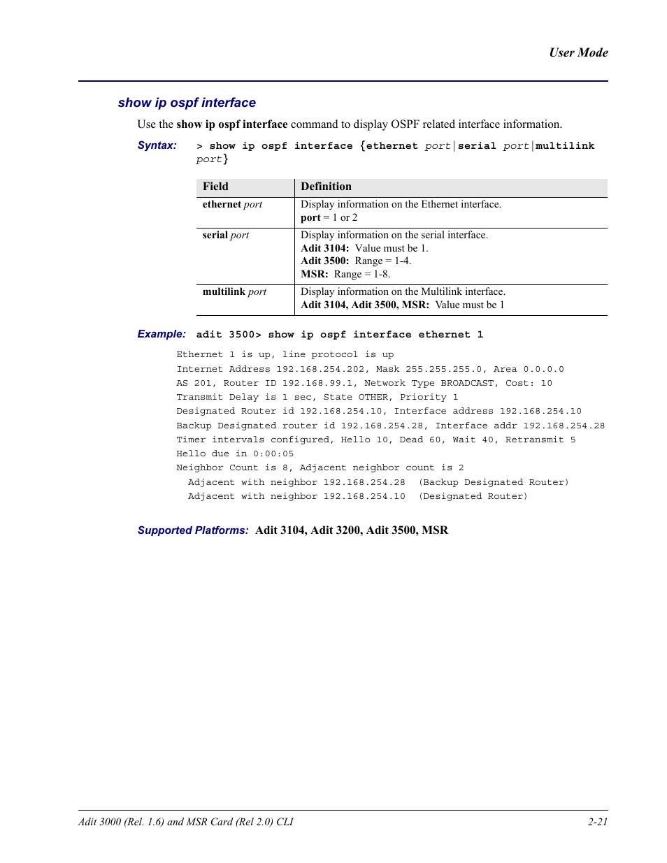 Show ip ospf interface | Carrier Access Adit 3000 Series and Multi-Service Router (MSR) Card none User Manual | Page 45 / 496