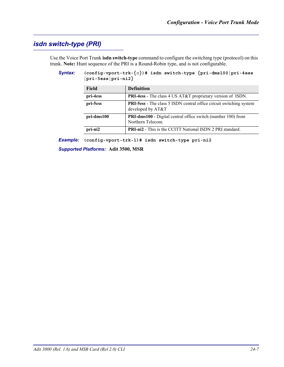 Isdn switch-type (pri), Isdn switch-type (pri) -7 | Carrier Access Adit 3000 Series and Multi-Service Router (MSR) Card none User Manual | Page 451 / 496