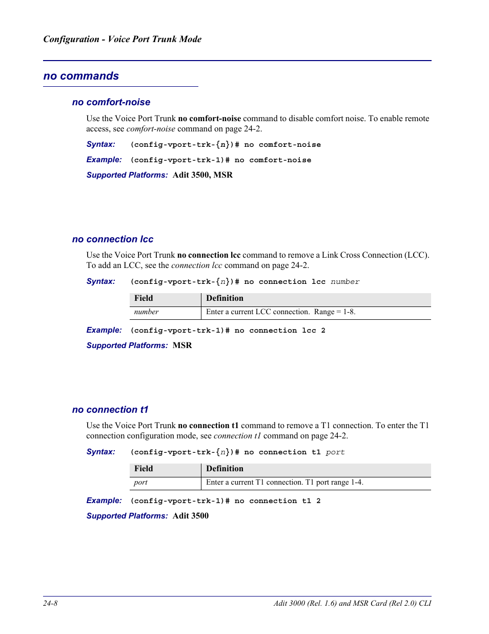 No commands, No comfort-noise, No connection lcc | No connection t1, No commands -8 | Carrier Access Adit 3000 Series and Multi-Service Router (MSR) Card none User Manual | Page 452 / 496