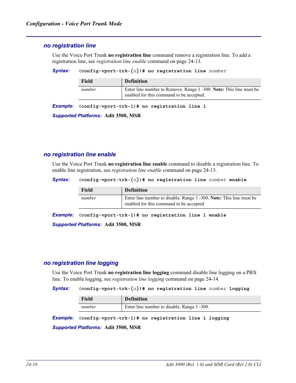 No registration line, No registration line enable, No registration line logging | Carrier Access Adit 3000 Series and Multi-Service Router (MSR) Card none User Manual | Page 454 / 496
