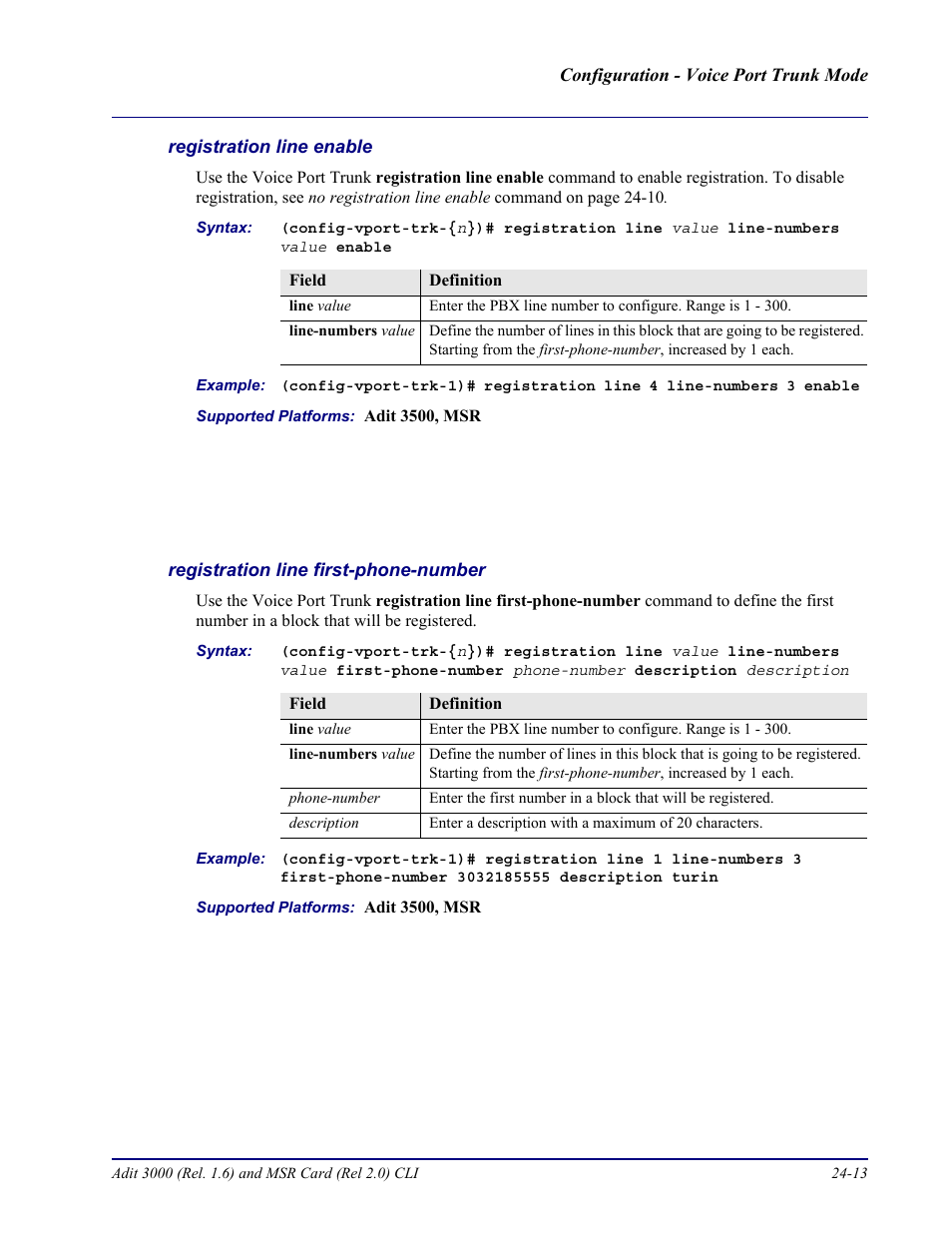 Registration line enable, Registration line first-phone-number | Carrier Access Adit 3000 Series and Multi-Service Router (MSR) Card none User Manual | Page 457 / 496