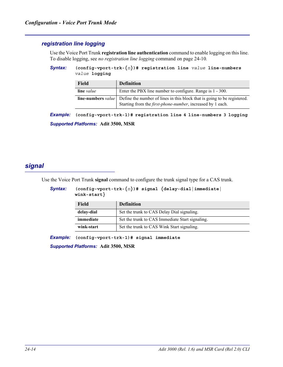 Registration line logging, Signal, Signal -14 | Carrier Access Adit 3000 Series and Multi-Service Router (MSR) Card none User Manual | Page 458 / 496