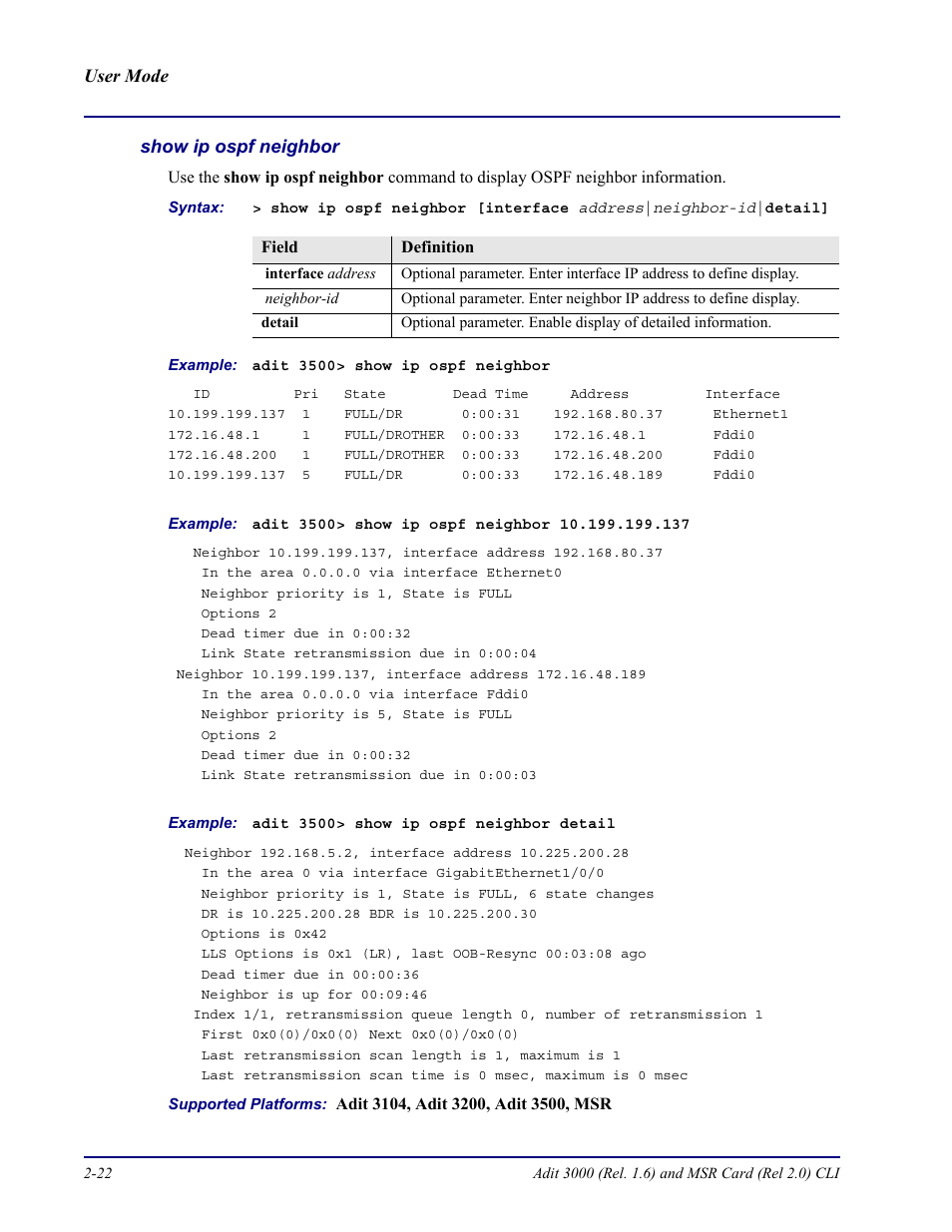 Show ip ospf neighbor | Carrier Access Adit 3000 Series and Multi-Service Router (MSR) Card none User Manual | Page 46 / 496