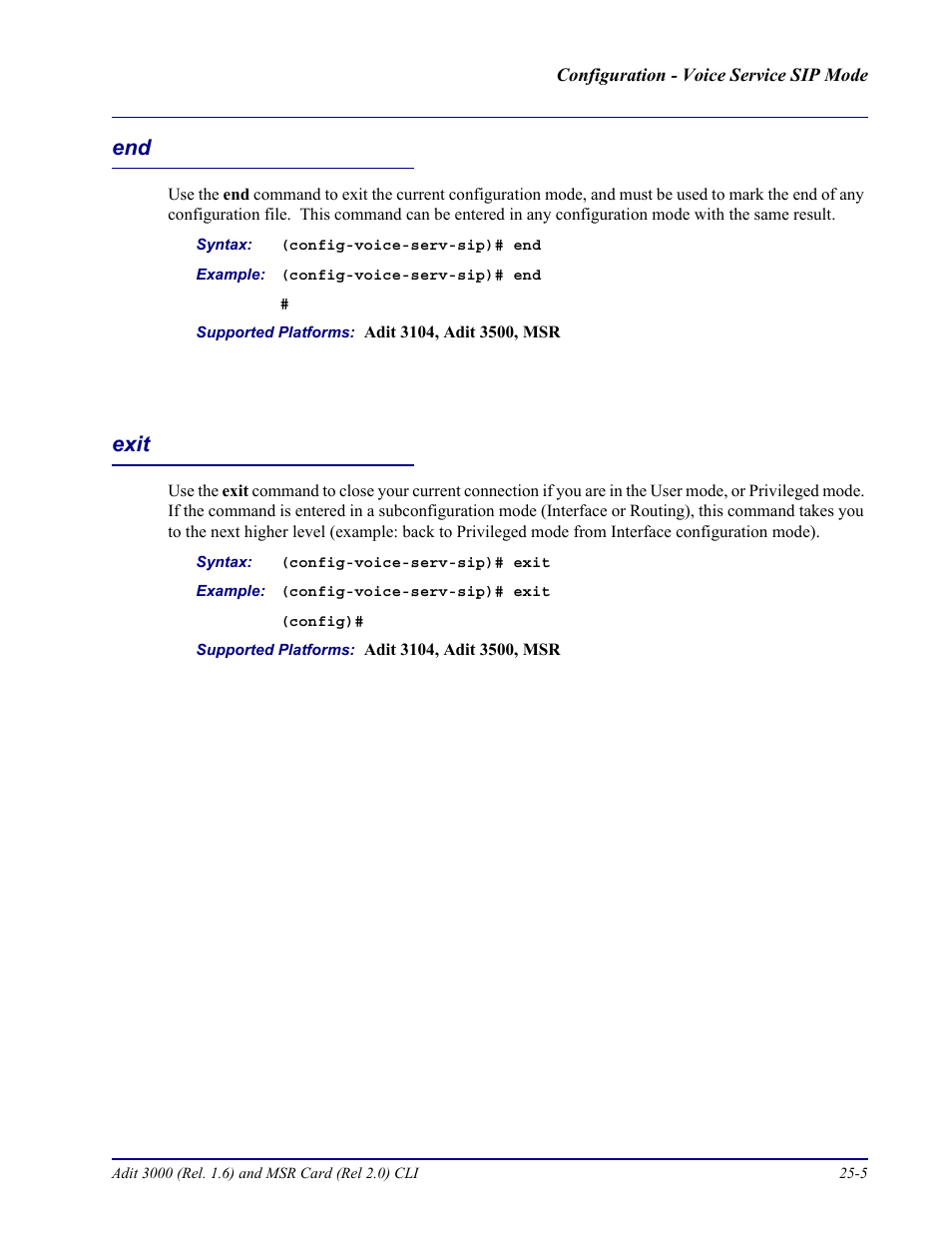 Exit, End -5 exit -5 | Carrier Access Adit 3000 Series and Multi-Service Router (MSR) Card none User Manual | Page 465 / 496