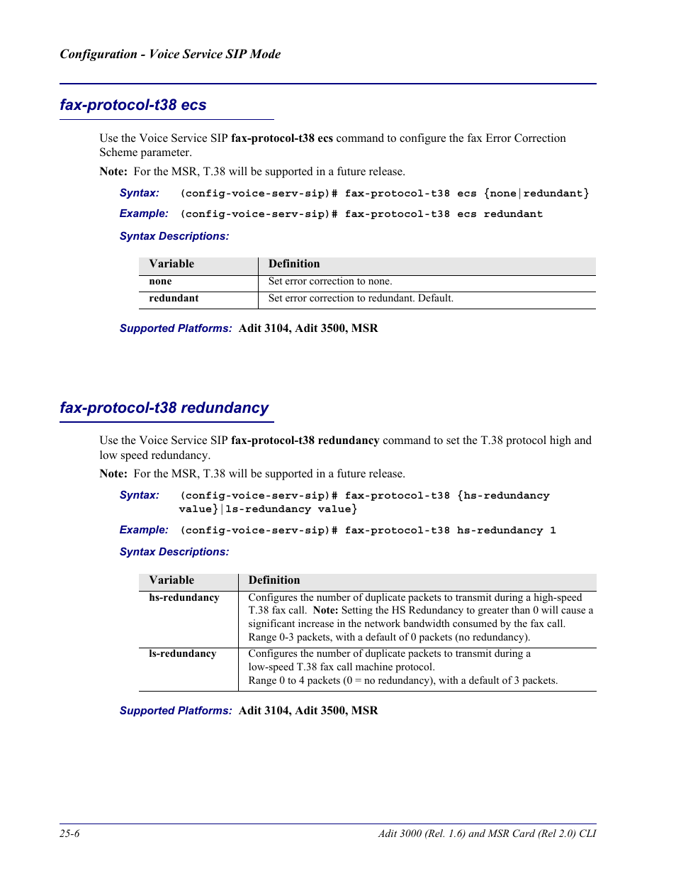 Fax-protocol-t38 ecs, Fax-protocol-t38 redundancy | Carrier Access Adit 3000 Series and Multi-Service Router (MSR) Card none User Manual | Page 466 / 496