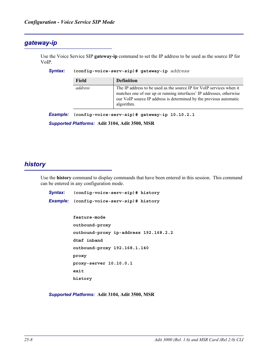 Gateway-ip, History, Gateway-ip -8 history -8 | Carrier Access Adit 3000 Series and Multi-Service Router (MSR) Card none User Manual | Page 468 / 496