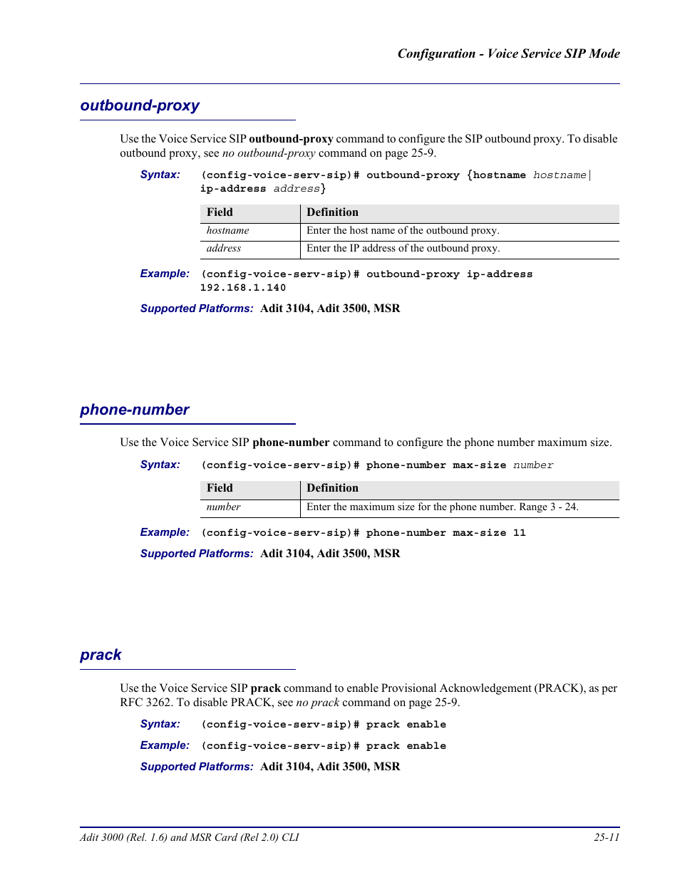 Outbound-proxy, Phone-number, Prack | Outbound-proxy -11 phone-number -11 prack -11 | Carrier Access Adit 3000 Series and Multi-Service Router (MSR) Card none User Manual | Page 471 / 496