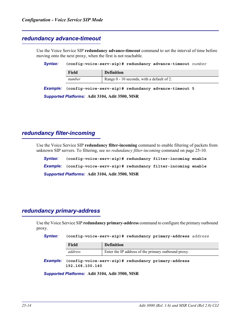 Redundancy advance-timeout, Redundancy filter-incoming, Redundancy primary-address | Carrier Access Adit 3000 Series and Multi-Service Router (MSR) Card none User Manual | Page 474 / 496
