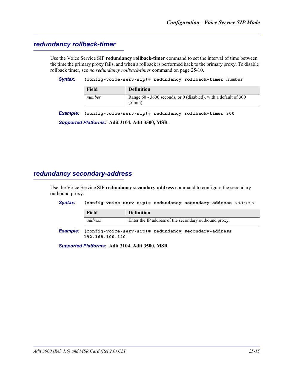 Redundancy rollback-timer, Redundancy secondary-address | Carrier Access Adit 3000 Series and Multi-Service Router (MSR) Card none User Manual | Page 475 / 496