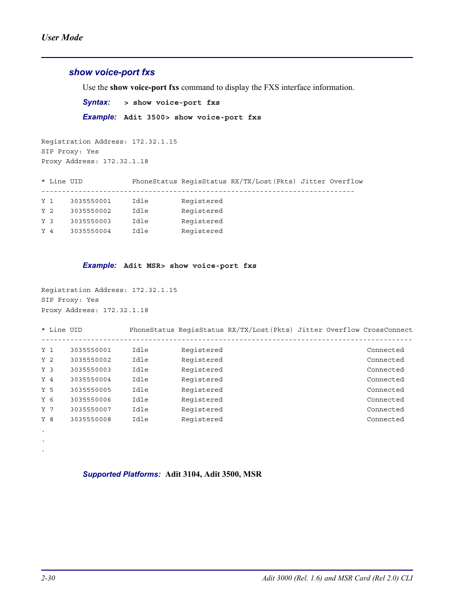Show voice-port fxs | Carrier Access Adit 3000 Series and Multi-Service Router (MSR) Card none User Manual | Page 54 / 496