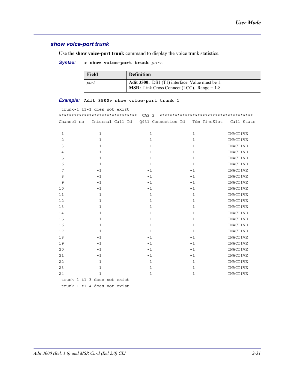 Show voice-port trunk | Carrier Access Adit 3000 Series and Multi-Service Router (MSR) Card none User Manual | Page 55 / 496