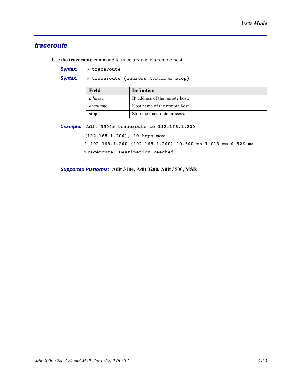 Traceroute, Traceroute -33 | Carrier Access Adit 3000 Series and Multi-Service Router (MSR) Card none User Manual | Page 57 / 496