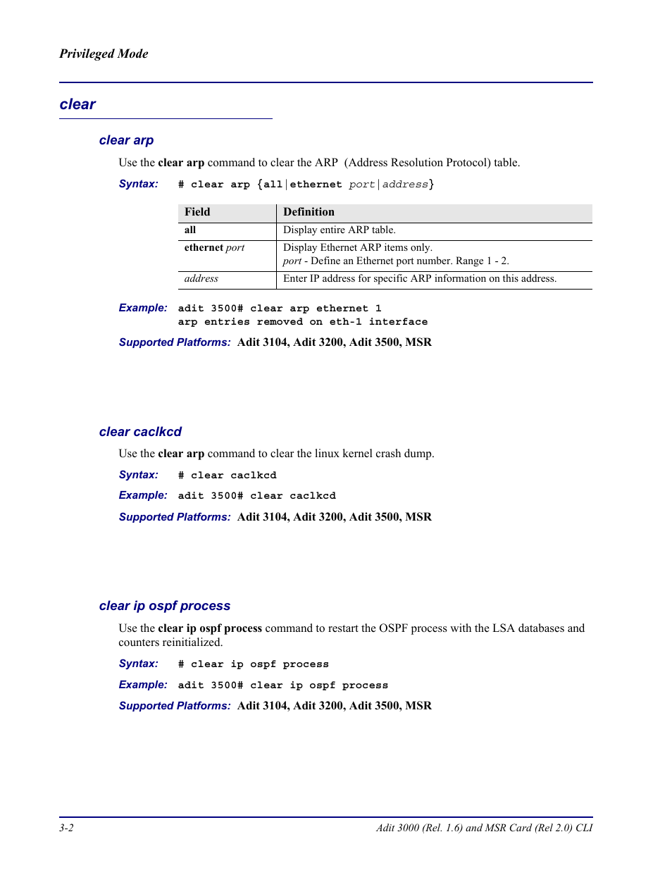 Clear, Clear arp, Clear caclkcd | Clear ip ospf process, Clear -2 | Carrier Access Adit 3000 Series and Multi-Service Router (MSR) Card none User Manual | Page 60 / 496