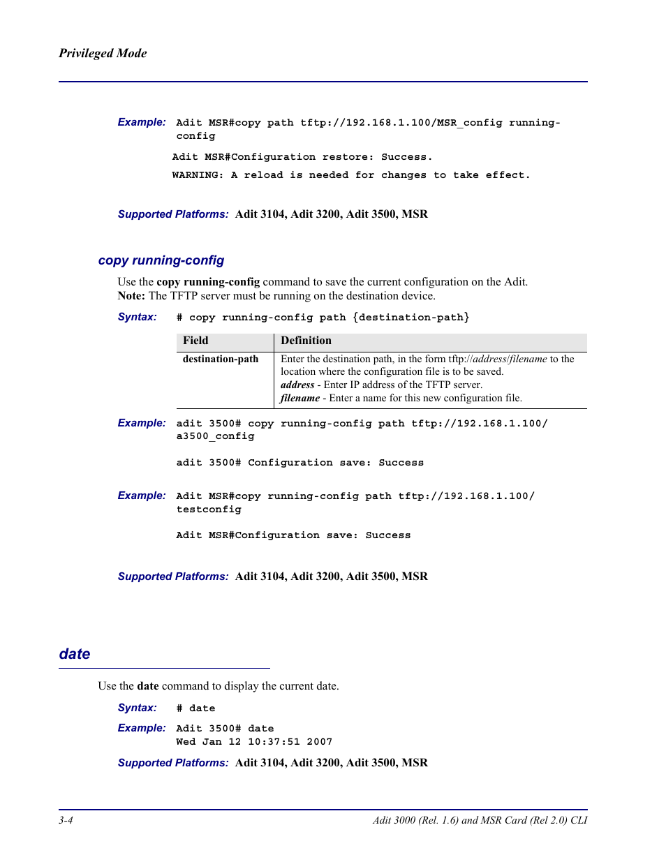 Copy running-config, Date, Date -4 | Carrier Access Adit 3000 Series and Multi-Service Router (MSR) Card none User Manual | Page 62 / 496