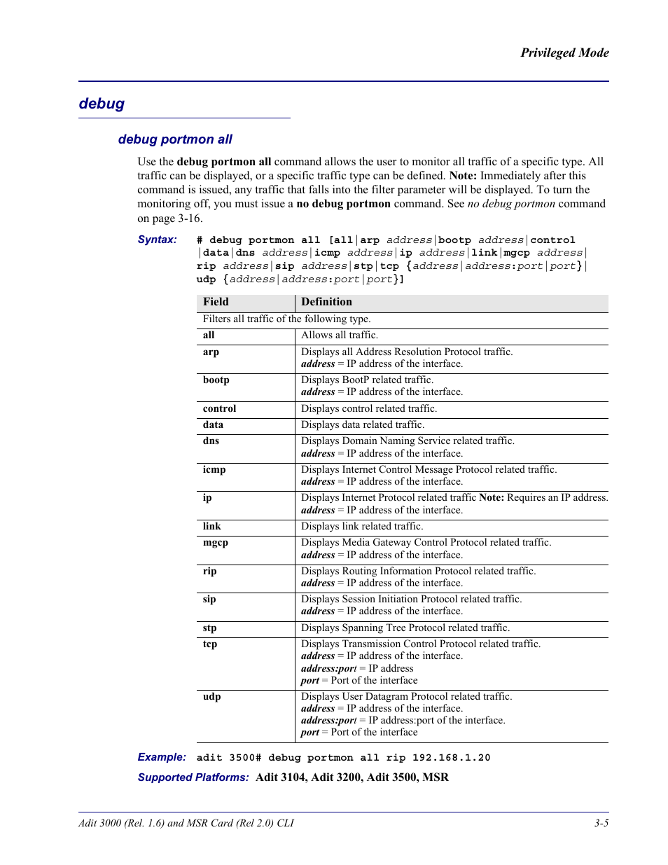 Debug, Debug portmon all, Debug -5 | Carrier Access Adit 3000 Series and Multi-Service Router (MSR) Card none User Manual | Page 63 / 496