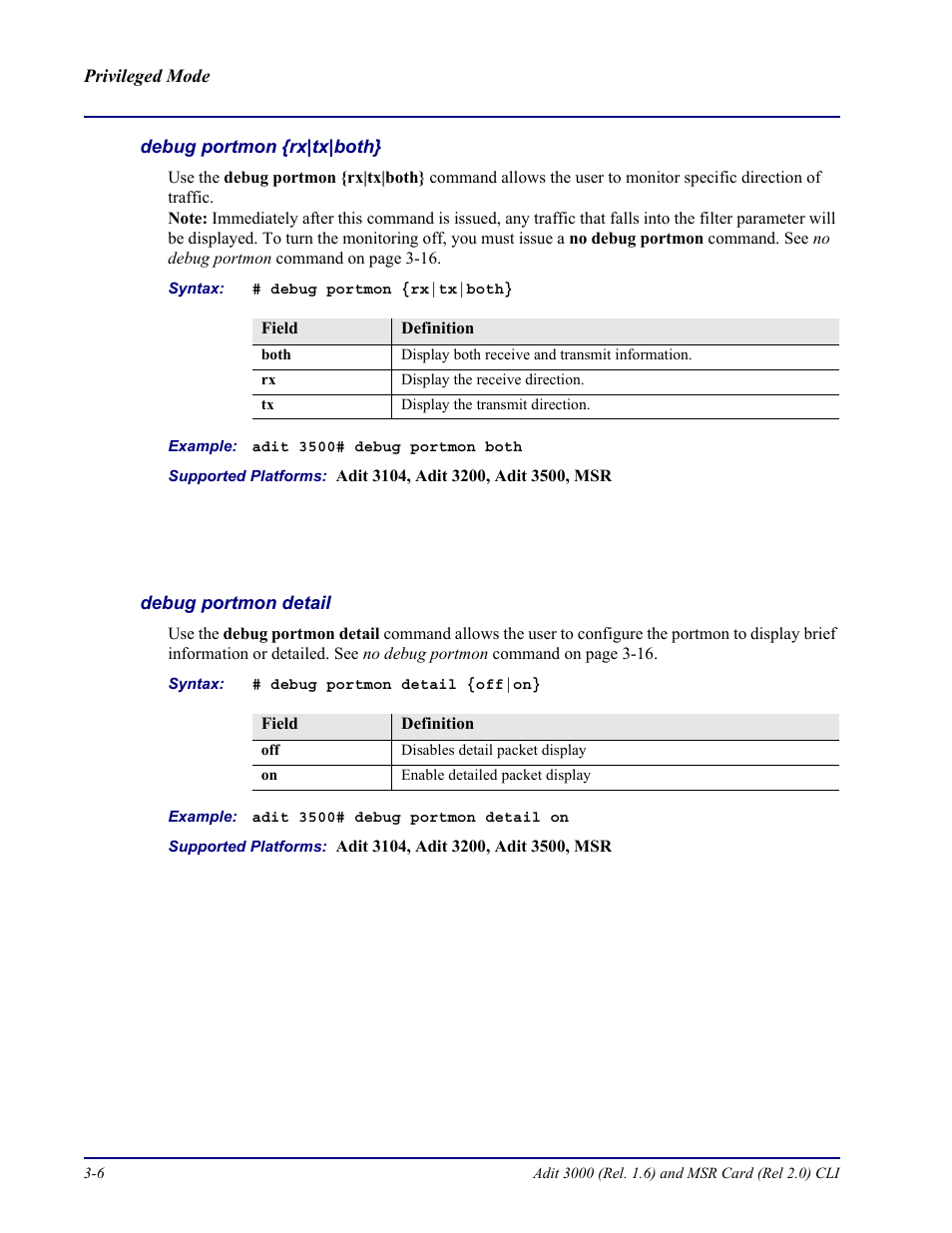 Debug portmon {rx|tx|both, Debug portmon detail | Carrier Access Adit 3000 Series and Multi-Service Router (MSR) Card none User Manual | Page 64 / 496