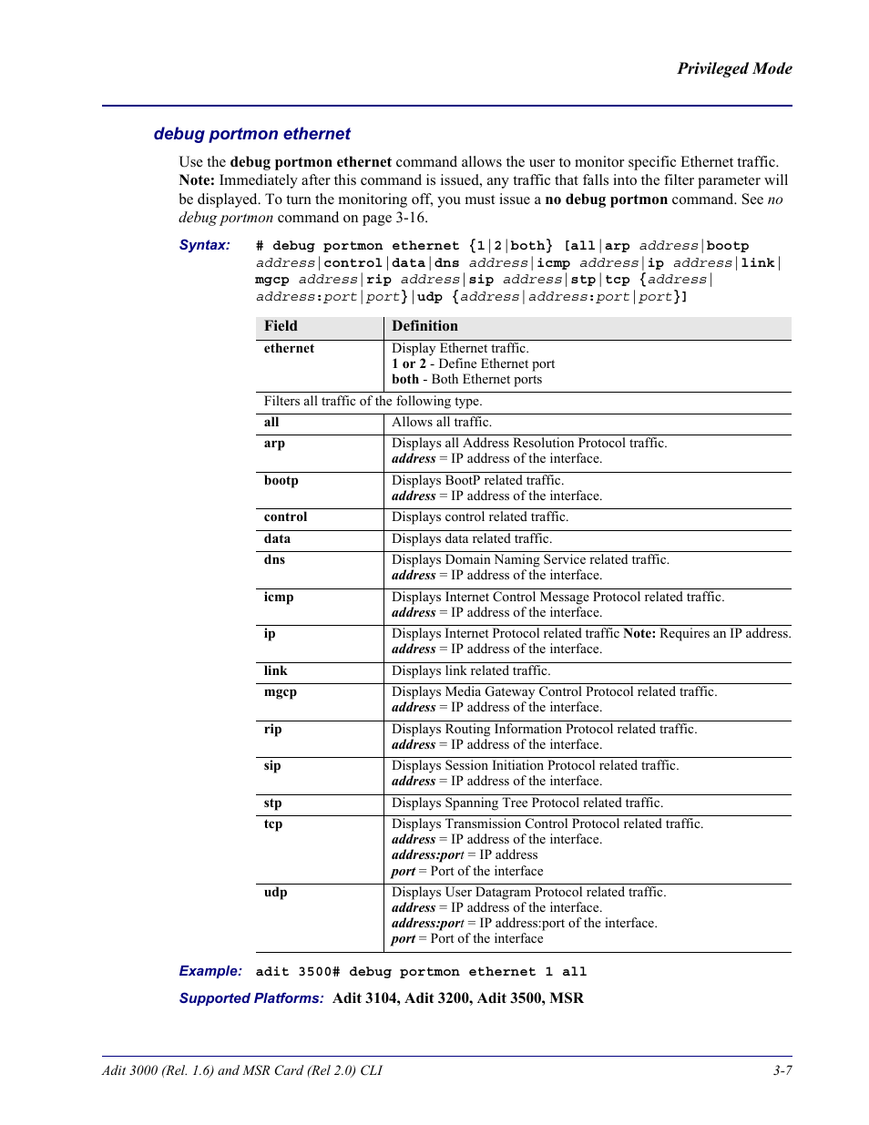 Debug portmon ethernet | Carrier Access Adit 3000 Series and Multi-Service Router (MSR) Card none User Manual | Page 65 / 496