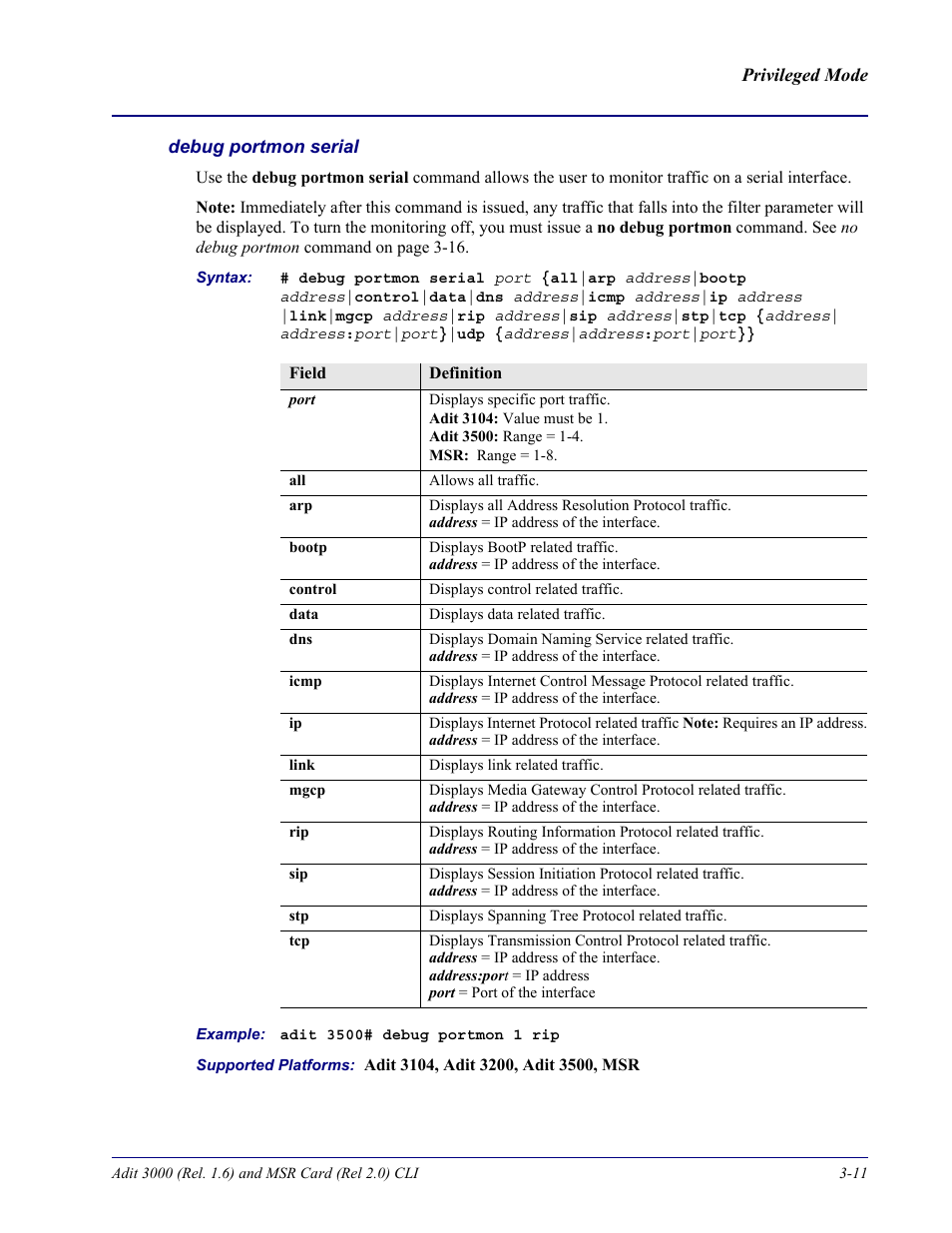 Debug portmon serial | Carrier Access Adit 3000 Series and Multi-Service Router (MSR) Card none User Manual | Page 69 / 496