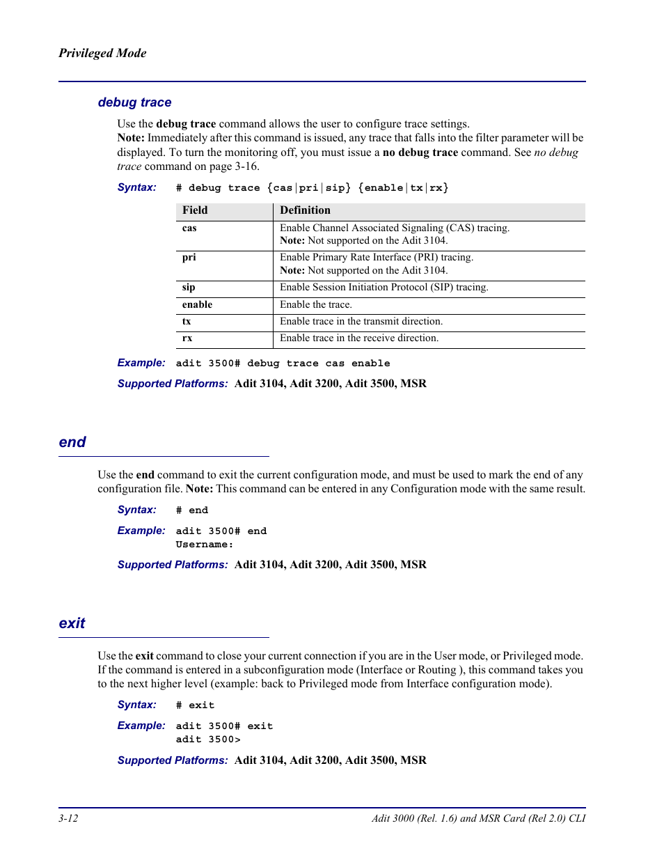 Debug trace, Exit, End -12 exit -12 | Carrier Access Adit 3000 Series and Multi-Service Router (MSR) Card none User Manual | Page 70 / 496