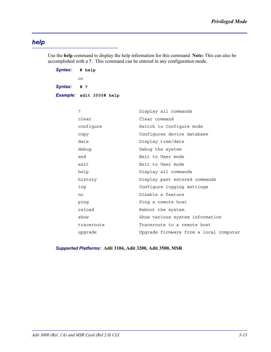 Help, Help -13 | Carrier Access Adit 3000 Series and Multi-Service Router (MSR) Card none User Manual | Page 71 / 496