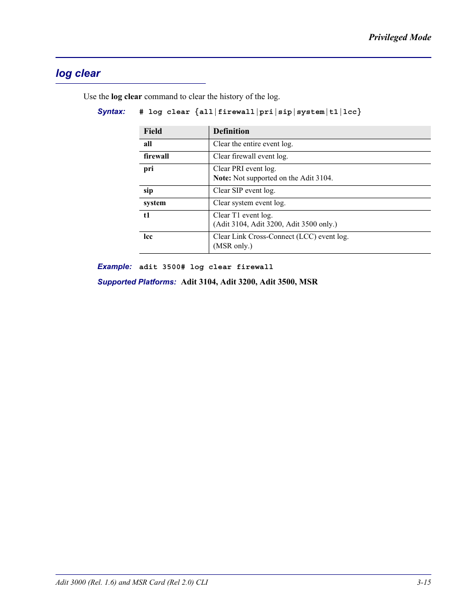 Log clear, Log clear -15 | Carrier Access Adit 3000 Series and Multi-Service Router (MSR) Card none User Manual | Page 73 / 496