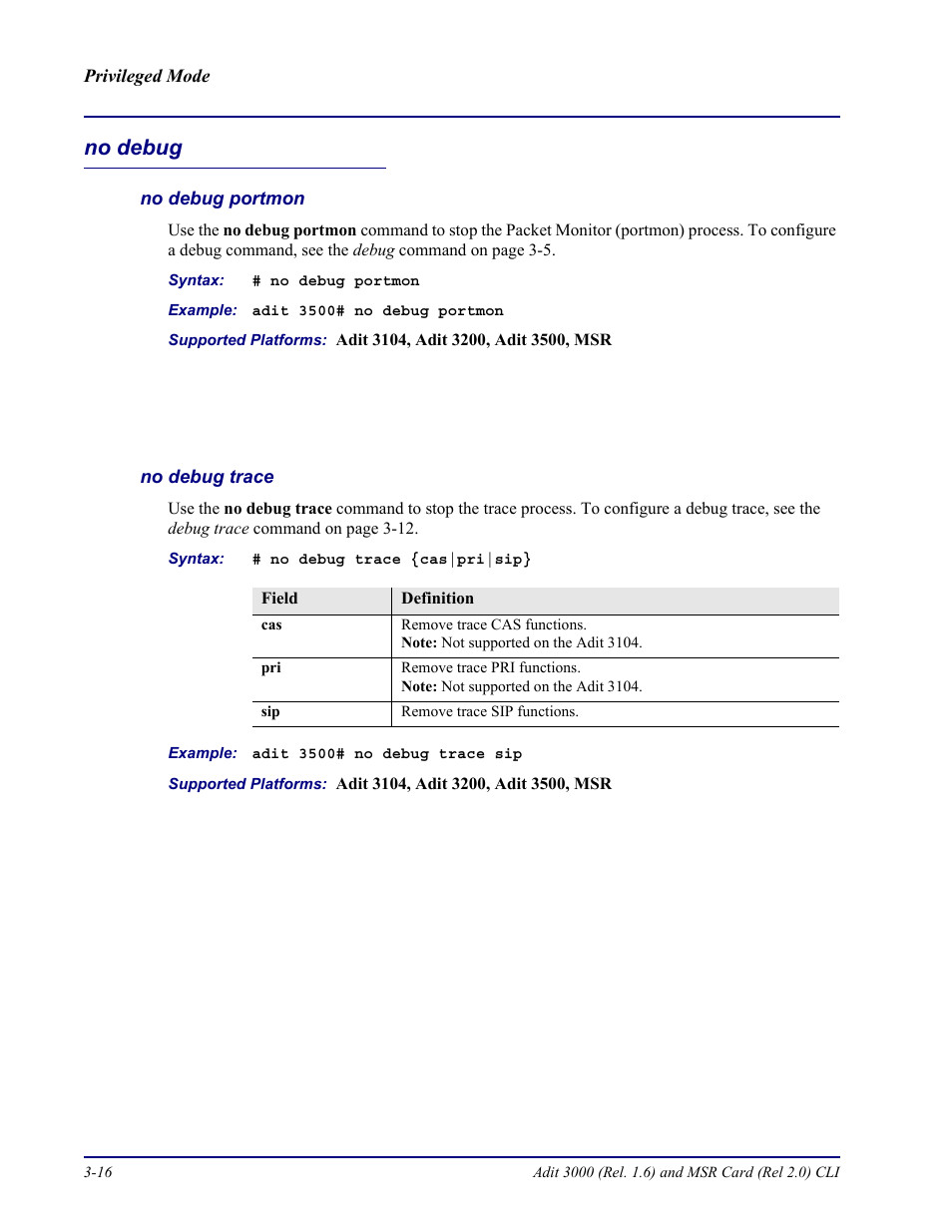 No debug, No debug portmon, No debug trace | No debug -16 | Carrier Access Adit 3000 Series and Multi-Service Router (MSR) Card none User Manual | Page 74 / 496