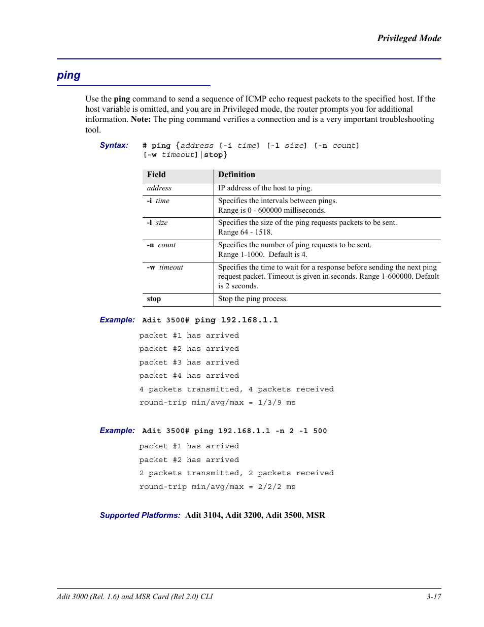 Ping, Ping -17 | Carrier Access Adit 3000 Series and Multi-Service Router (MSR) Card none User Manual | Page 75 / 496