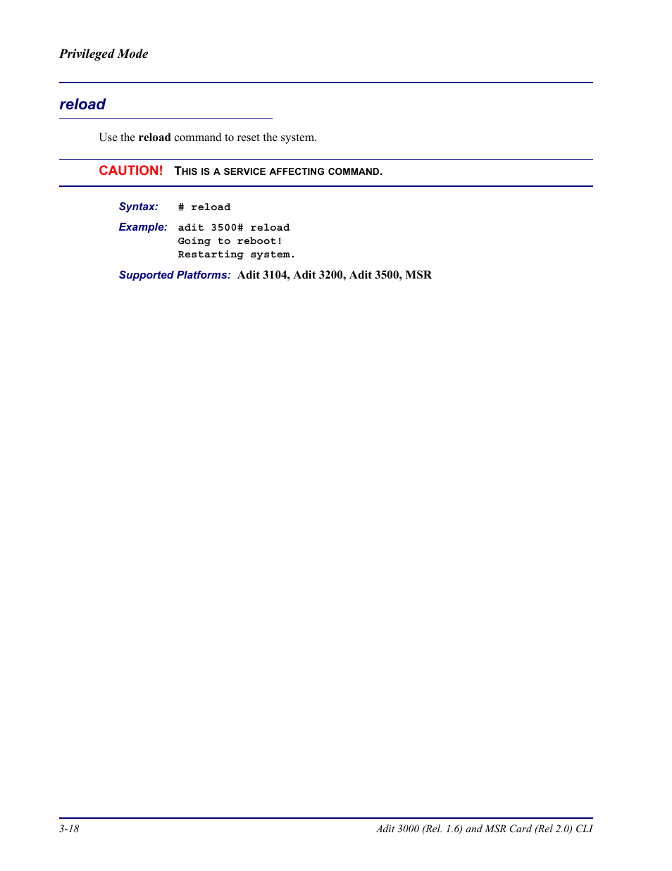 Reload, Reload -18 | Carrier Access Adit 3000 Series and Multi-Service Router (MSR) Card none User Manual | Page 76 / 496
