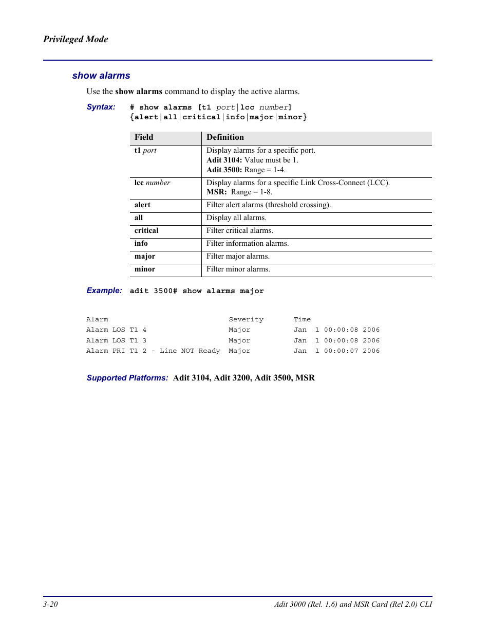 Show alarms | Carrier Access Adit 3000 Series and Multi-Service Router (MSR) Card none User Manual | Page 78 / 496