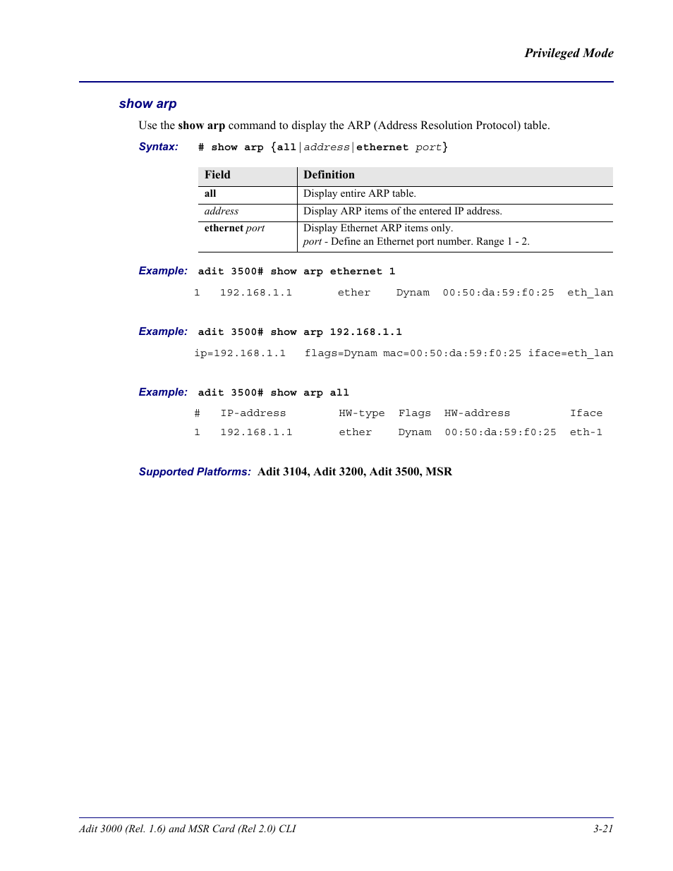 Show arp | Carrier Access Adit 3000 Series and Multi-Service Router (MSR) Card none User Manual | Page 79 / 496