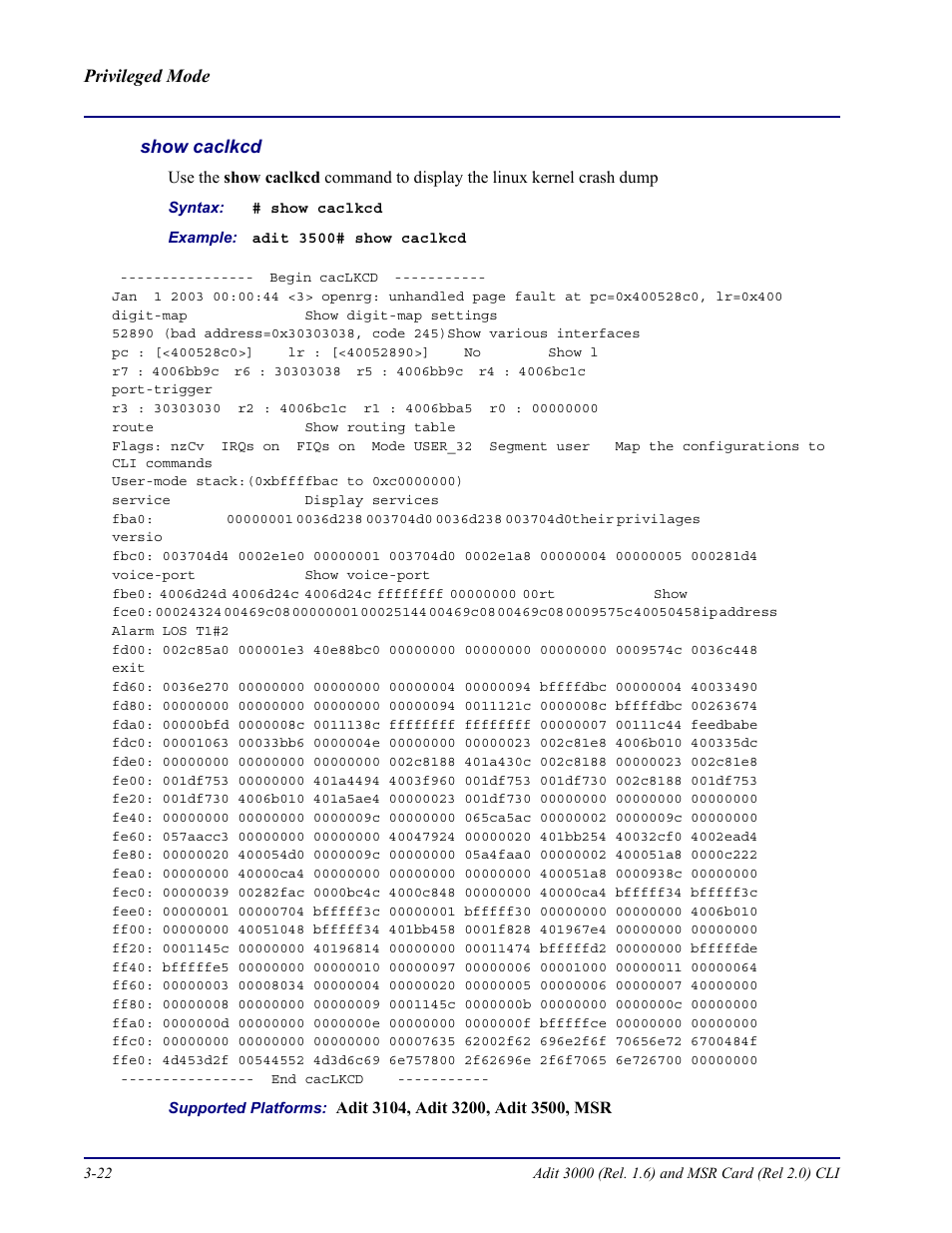 Show caclkcd, Privileged mode show caclkcd | Carrier Access Adit 3000 Series and Multi-Service Router (MSR) Card none User Manual | Page 80 / 496