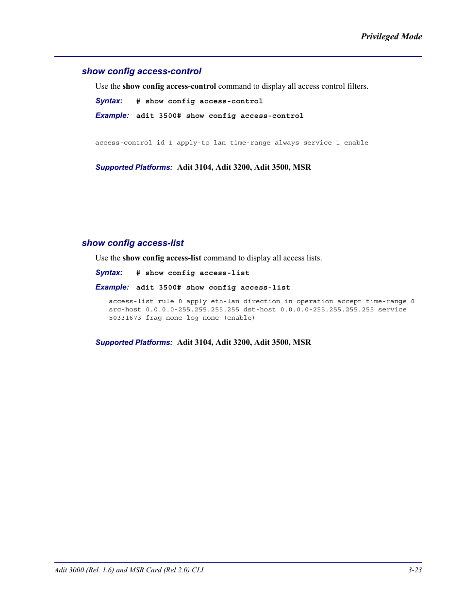 Show config access-control, Show config access-list | Carrier Access Adit 3000 Series and Multi-Service Router (MSR) Card none User Manual | Page 81 / 496