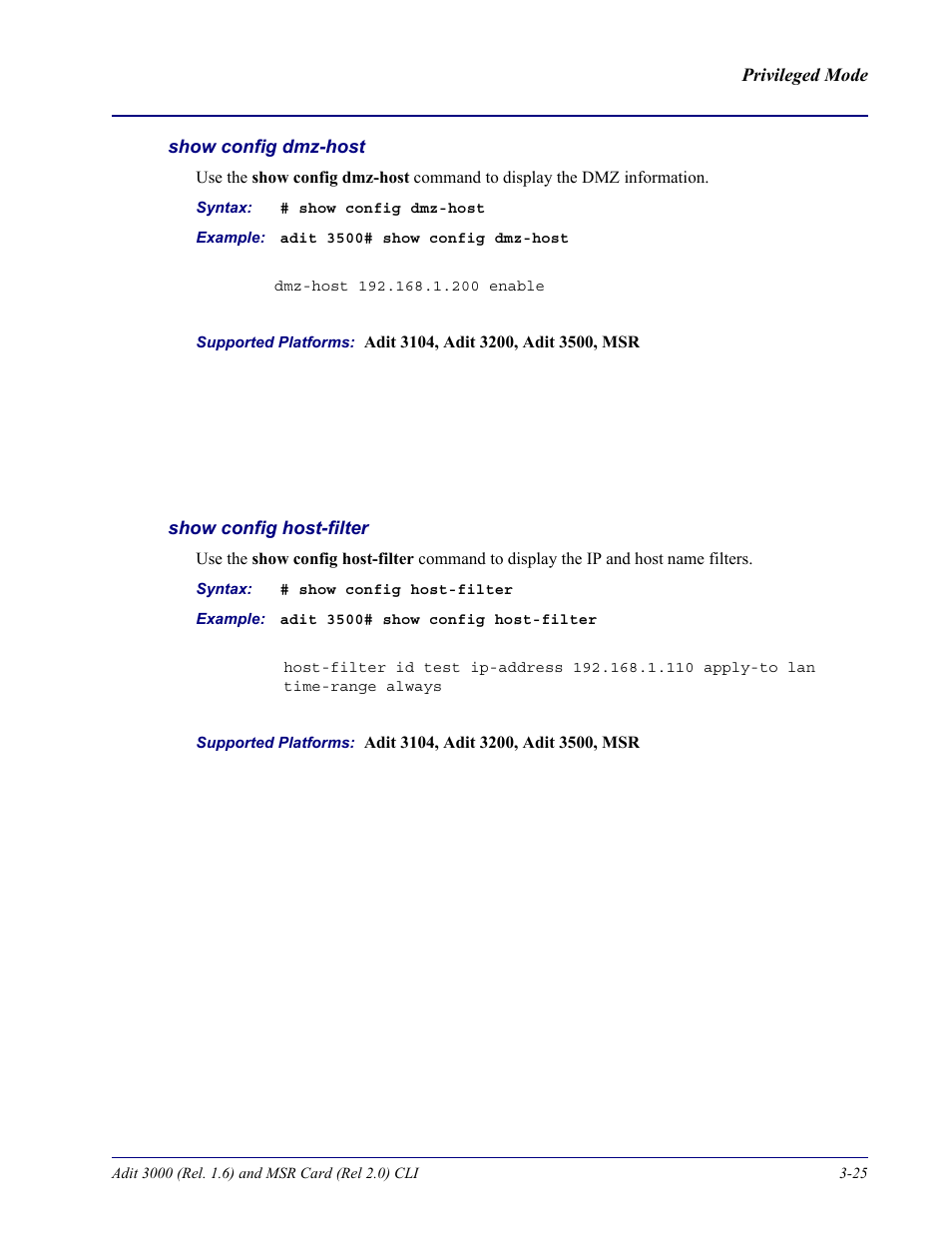 Show config dmz-host, Show config host-filter | Carrier Access Adit 3000 Series and Multi-Service Router (MSR) Card none User Manual | Page 83 / 496