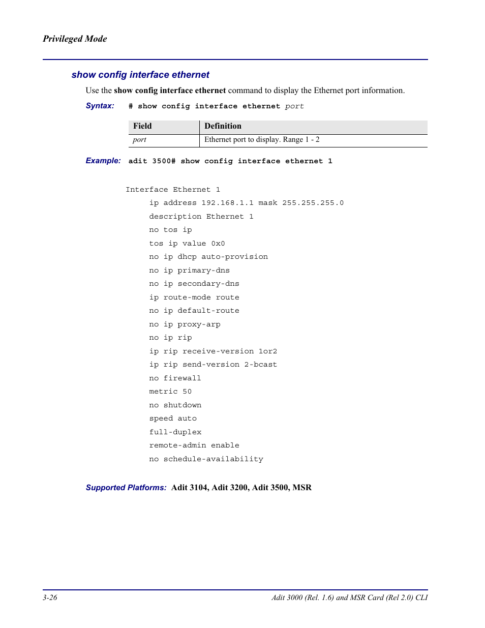 Show config interface ethernet | Carrier Access Adit 3000 Series and Multi-Service Router (MSR) Card none User Manual | Page 84 / 496