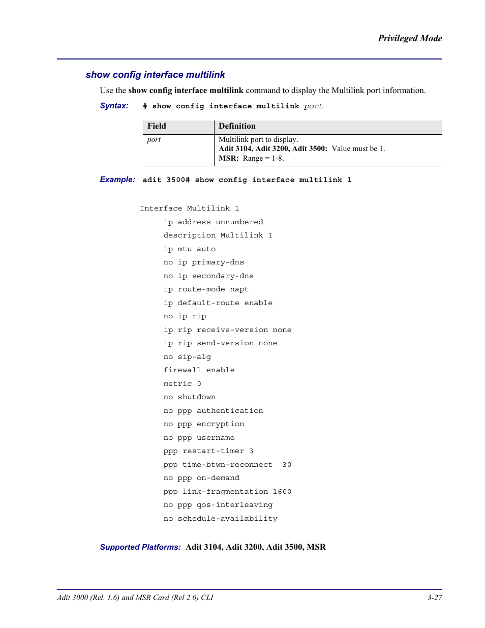 Show config interface multilink | Carrier Access Adit 3000 Series and Multi-Service Router (MSR) Card none User Manual | Page 85 / 496