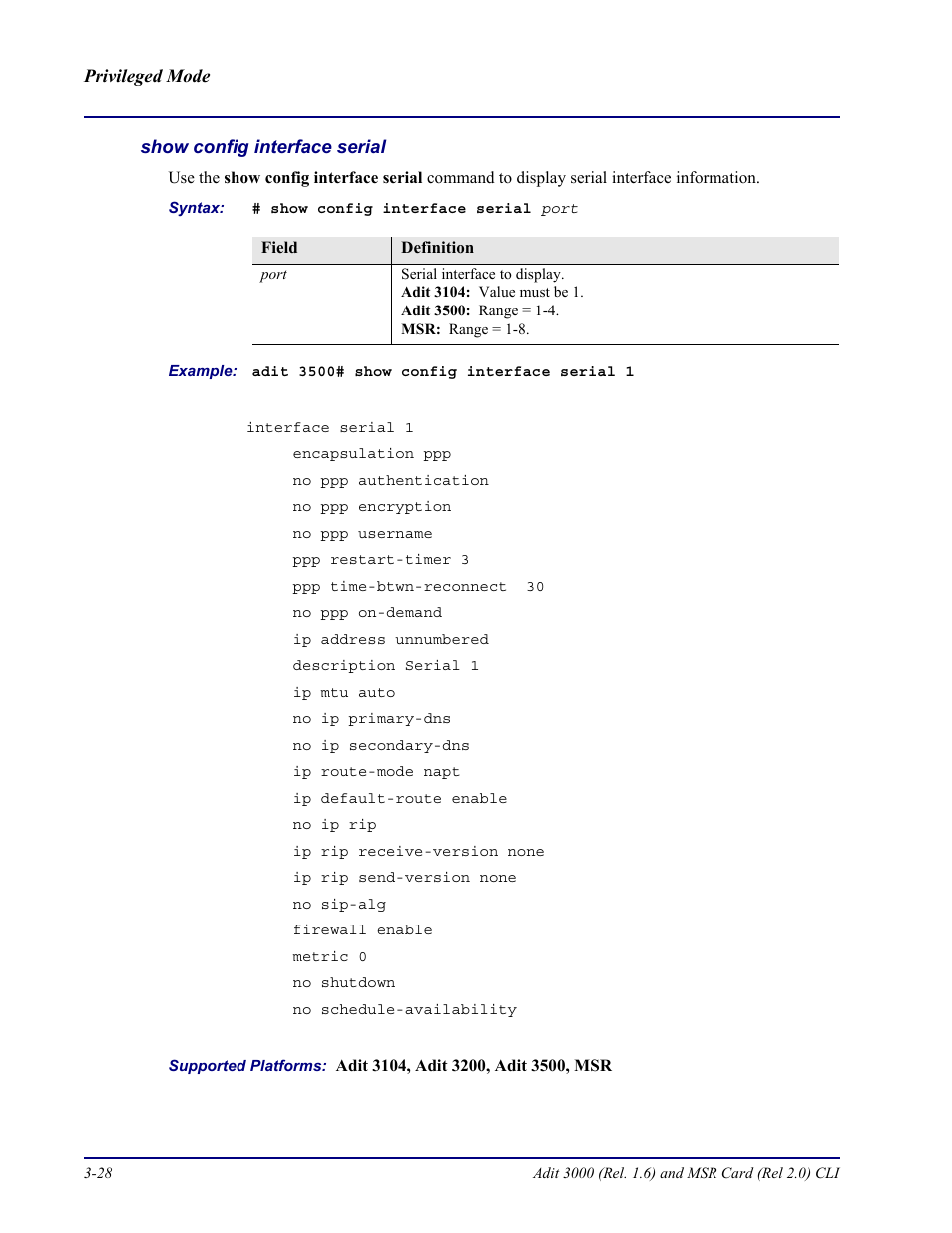 Show config interface serial | Carrier Access Adit 3000 Series and Multi-Service Router (MSR) Card none User Manual | Page 86 / 496