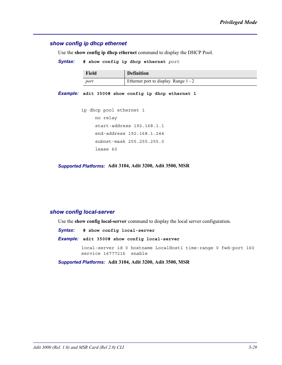 Show config ip dhcp ethernet, Show config local-server | Carrier Access Adit 3000 Series and Multi-Service Router (MSR) Card none User Manual | Page 87 / 496