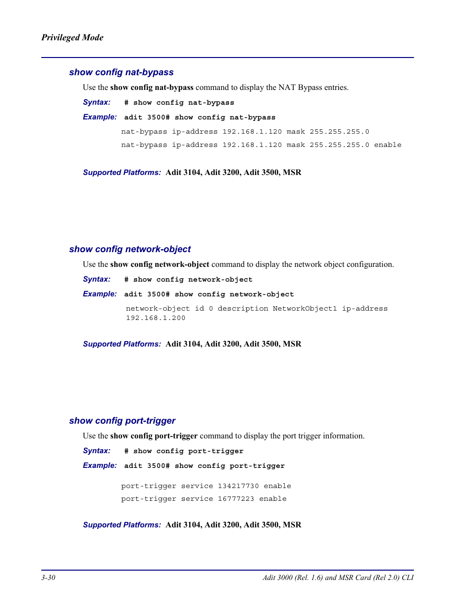 Show config nat-bypass, Show config network-object, Show config port-trigger | Carrier Access Adit 3000 Series and Multi-Service Router (MSR) Card none User Manual | Page 88 / 496