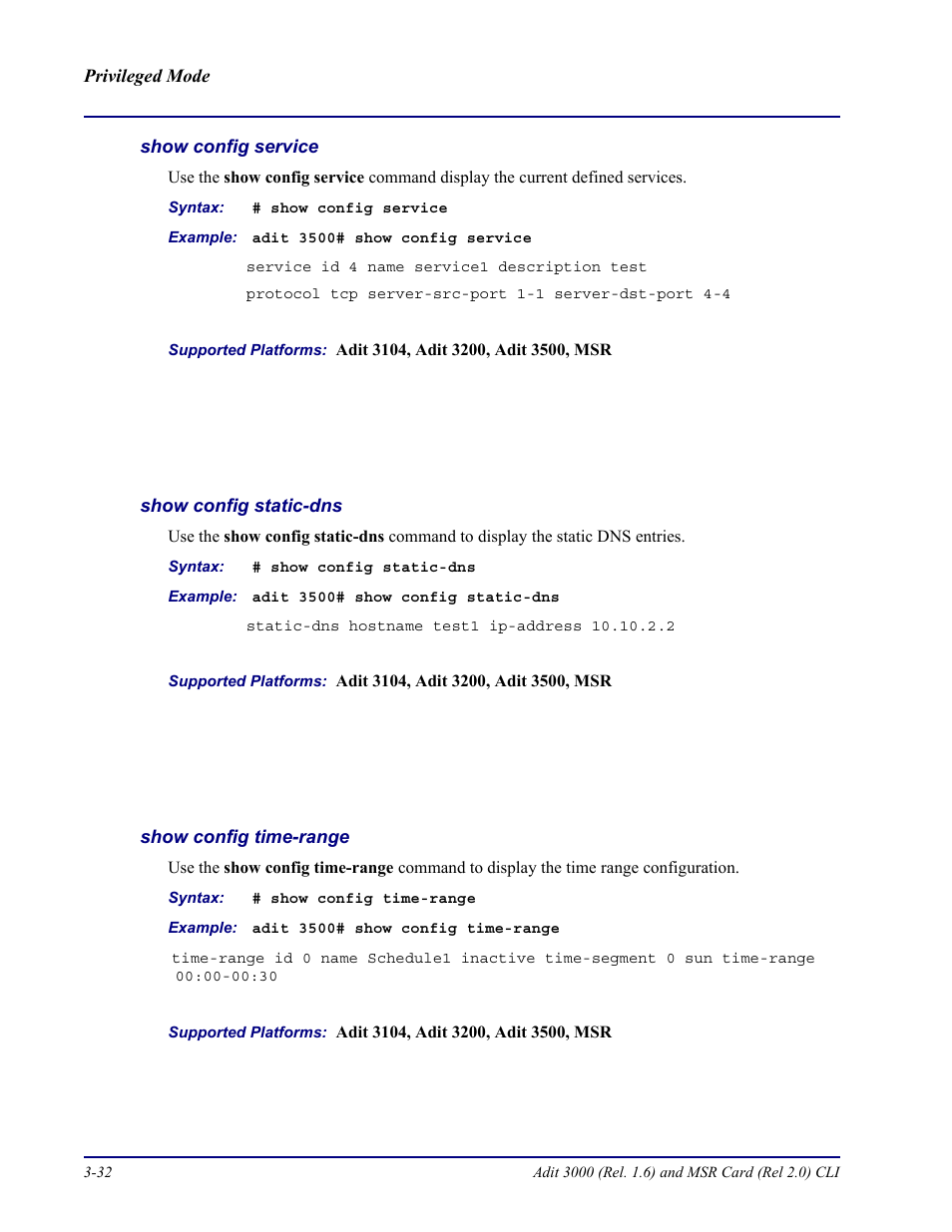 Show config service, Show config static-dns, Show config time-range | Carrier Access Adit 3000 Series and Multi-Service Router (MSR) Card none User Manual | Page 90 / 496