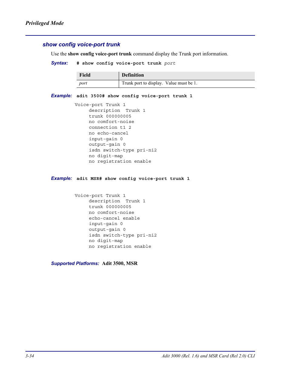 Show config voice-port trunk | Carrier Access Adit 3000 Series and Multi-Service Router (MSR) Card none User Manual | Page 92 / 496